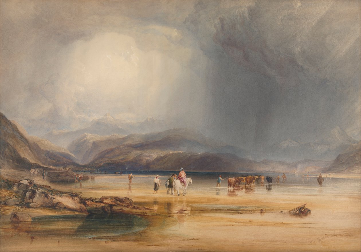Näkymä Snowdonista Traeth Mawrin hiekkarannalta, otettu Fordilla Pont Aberglaslynin ja Tremadocin välillä tekijältä Anthony Vandyke Copley Fielding