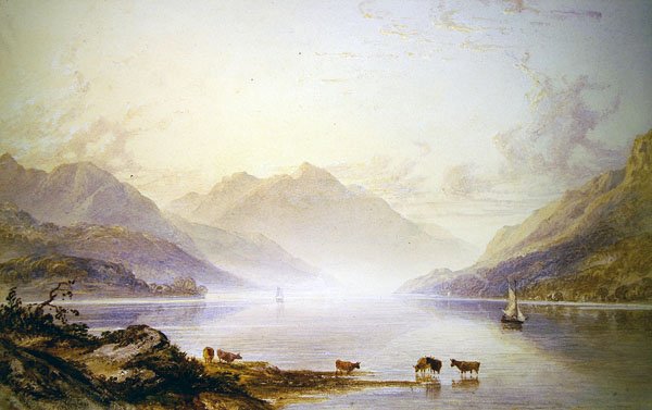 Loch Lomond aamunkoitteessa (öljy kankaalle) tekijältä Anthony Vandyke Copley Fielding