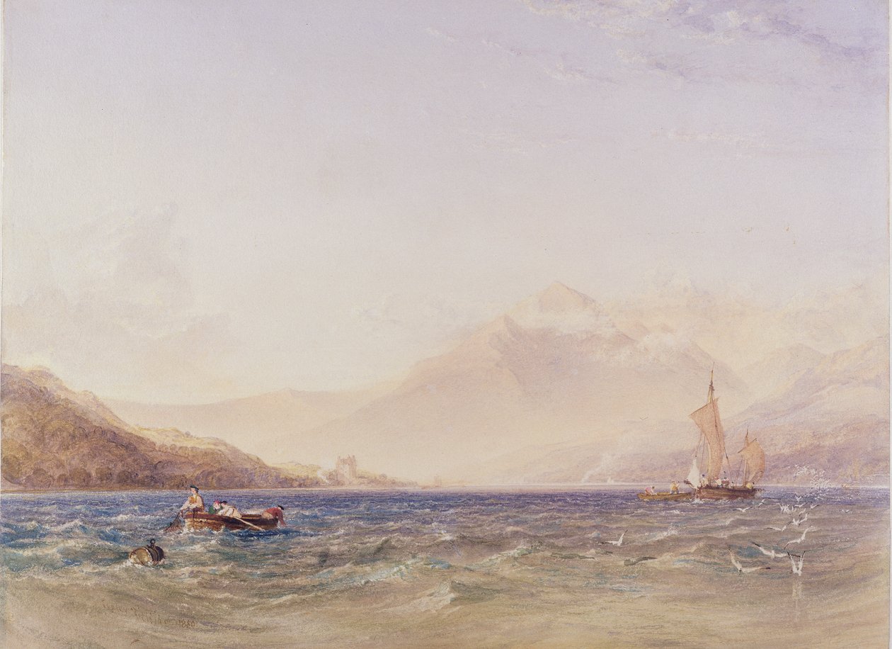 Loch Fynen pää, Dindarran linna, 1850 (wc, vartaloväri grafiitin päällä paperilla) tekijältä Anthony Vandyke Copley Fielding