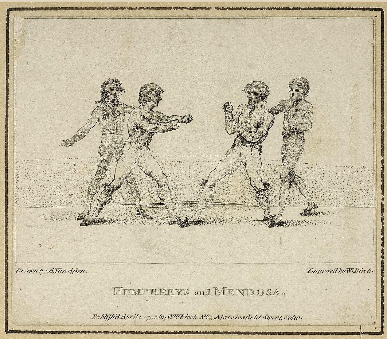 Humphreys ja Mendoza, William Birchin kaivertama, julkaistu vuonna 1792 (litho) tekijältä Anthony van (after) Assen