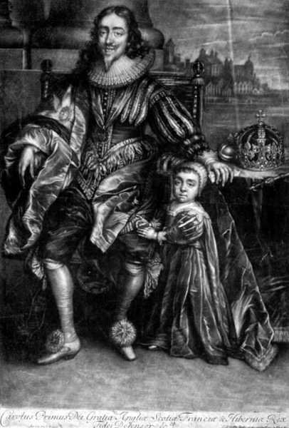 Kaarle I (1600-49) pojan kanssa (kaiverrus) tekijältä Anthony van (after) Dyck