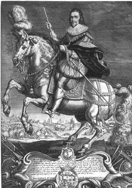 George Villiersin (1592-1628) Buckinghamin 1. herttuan ratsastusmuotokuva, kaiverrus Willem de Passen (1598-1637) 1625 (kaiverrus) tekijältä Anthony van (after) Dyck