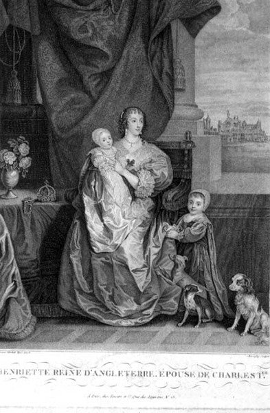 Kuningatar Henrietta Maria (1609-69) Kaarle I:n vaimo ja kaksi lasta, kaiverrus Henry Bonnefoy (fl.1880-89) (kaiverrus) tekijältä Anthony van (after) Dyck