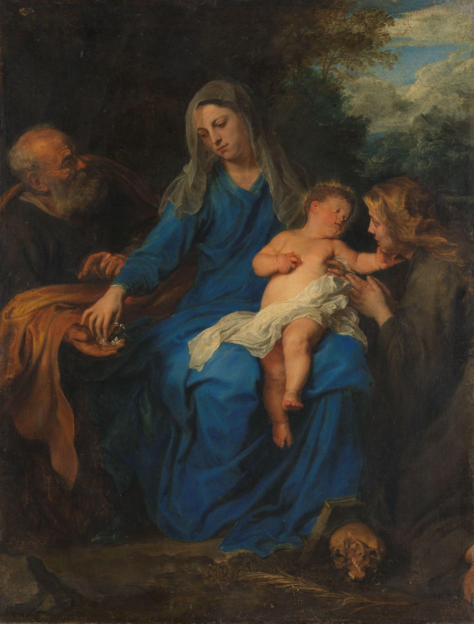 Pyhä perhe naispuolisen pyhän kanssa palvonnassa tekijältä Anthony van Dyck (follower of)