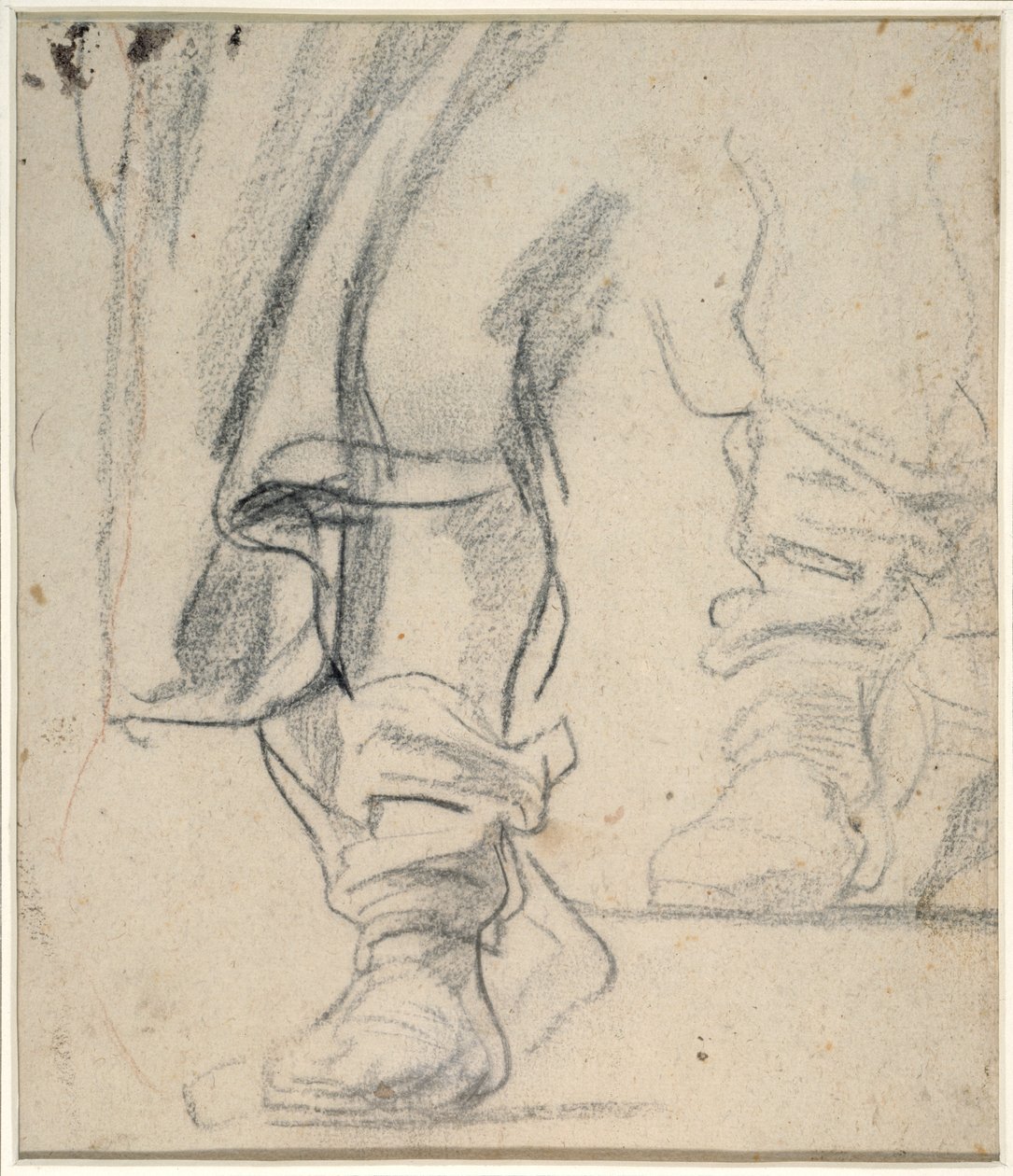 Miehen saappaat jalat ja alaspäin laskeutuva viitta (musta ja punainen liitu paperille) tekijältä Anthony van Dyck