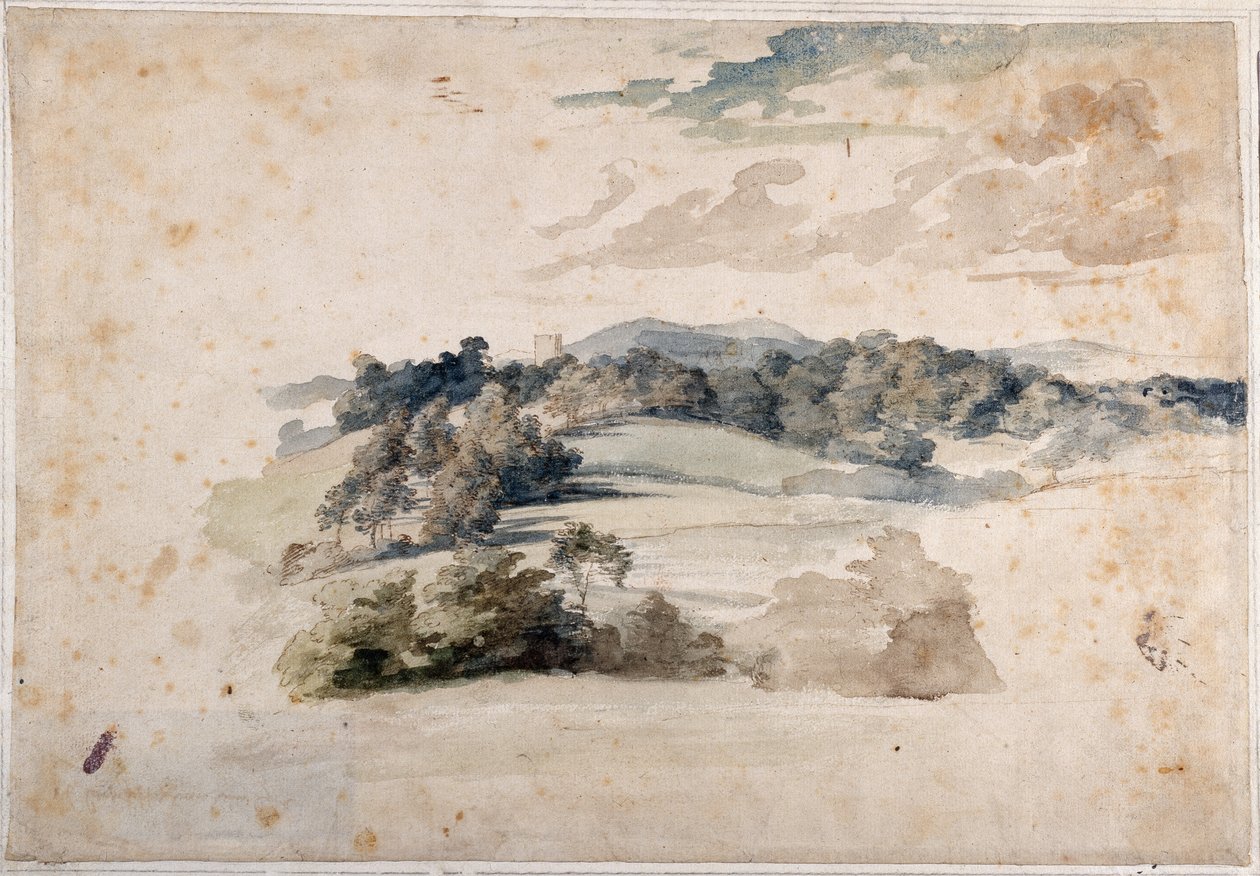Englantilainen maisema niittyineen ja metsäisine kukkuloineen (lyijykynä ja vesiväri paperille) tekijältä Anthony van Dyck