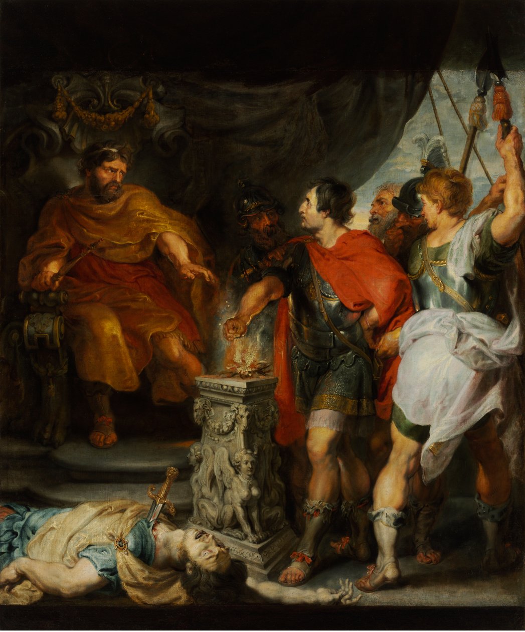 Caius Mucius Scaevola, jeune patricien romain capture par la garde royale de Porsenna (Porsinna, Porsena) tekijältä Anthony van Dyck