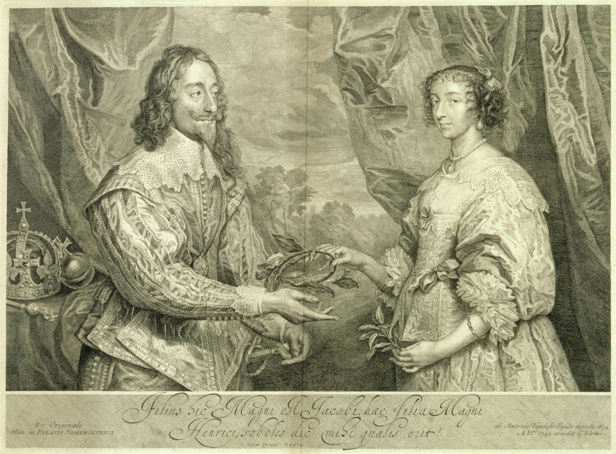 Kaarle I (1600-49) ja Henrietta Maria (1609-69), George Vertuen (1684-1756) kaiverrus vuosien 1634, 1742 maalauksen jälkeen tekijältä Anthony van Dyck
