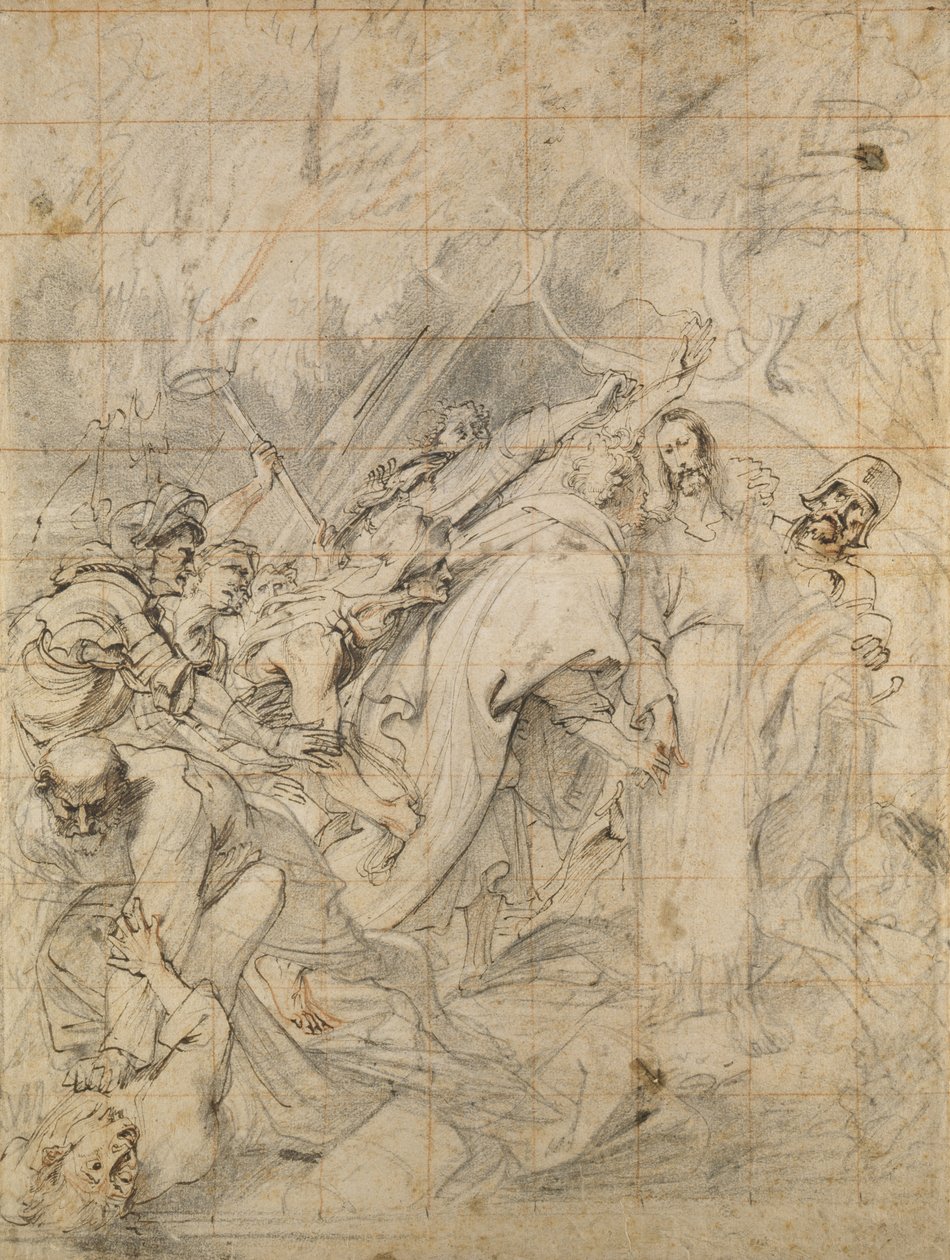 Kristus vangitaan (musta, valkoinen ja punainen värikynä ruskealla paperilla ruskealla musteella) tekijältä Anthony van Dyck