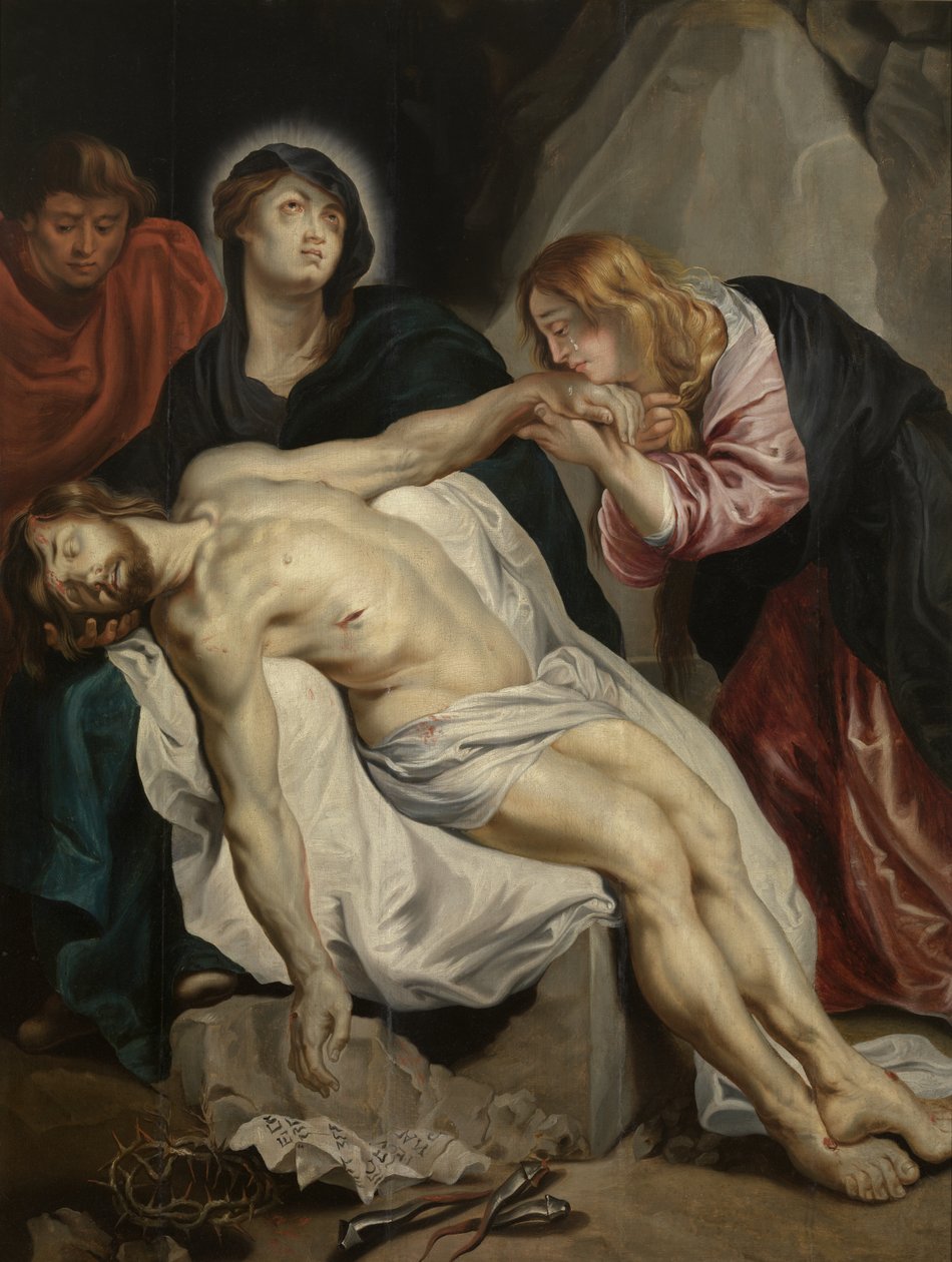 hollanniksi: Bewening van Christus Valitusvirsi kuolleen Kristuksen yli tekijältä Anthony van Dyck