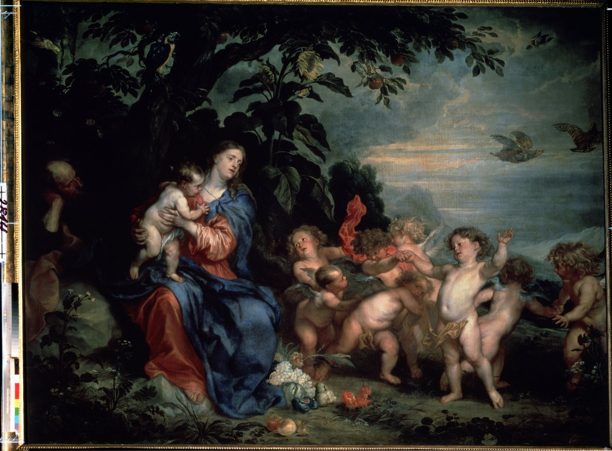 ""Lepää lennossa Egyptiin tai neitsyt peltopyynillä"" (Lepää lennossa Egyptiin (Virgin with Partridges)) Sir Anthonis van Dyckin (1599-1641) maalaus 1629-1630 Koko 215x285,5 cm Museo alk. Eremitaasi, Pietari tekijältä Anthony van Dyck