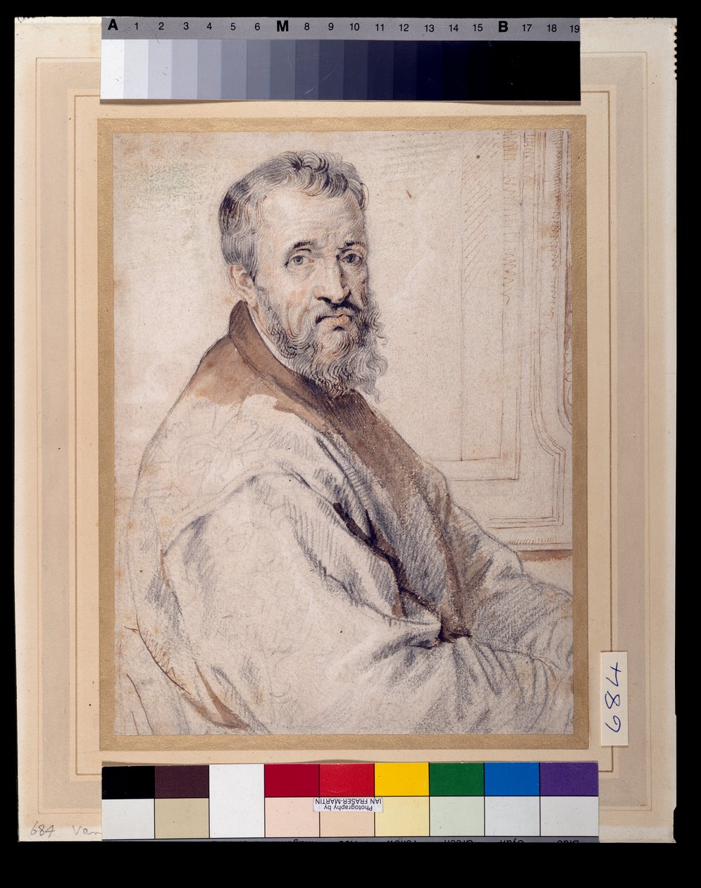 Michelangelo, jonka uskotaan olevan Bugiardinin tai Federico Zuccaron jälkeen (punaiset ja mustat liidut kynällä ja musteella pesulla paperilla) tekijältä Anthony van Dyck