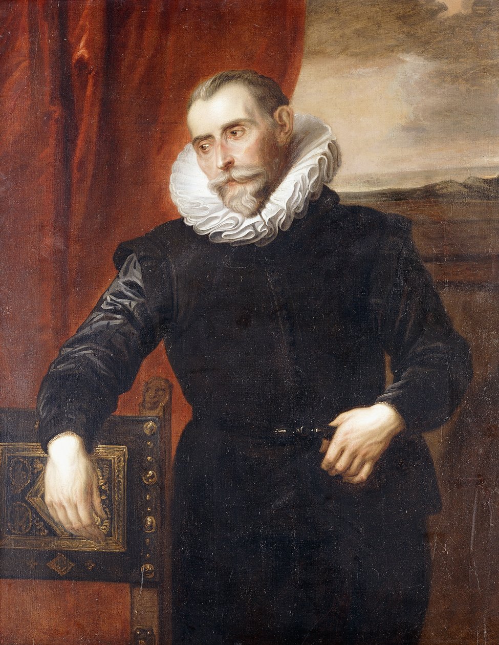 Frans Snydersin muotokuva, puolipitkä, mustassa puvussa, nojaten tuolille, maisema takana, tekijältä Anthony van Dyck