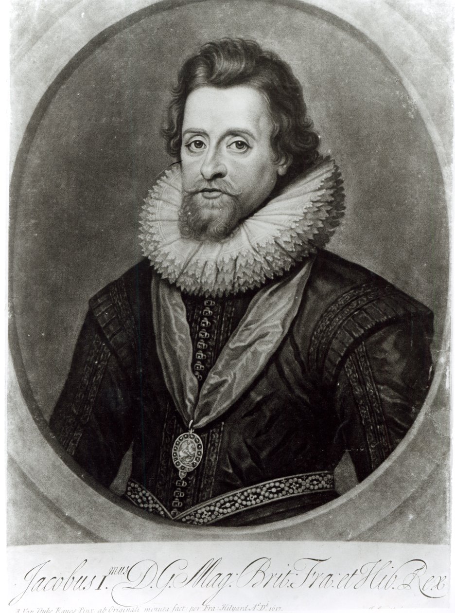 Muotokuva James I:stä (1566-1625) Nicholas Hilliardin (1547-1619) pienoismallin mukaan vuodelta 1617, kaiverruksen George Vertue (1684-1756) tekijältä Anthony van Dyck