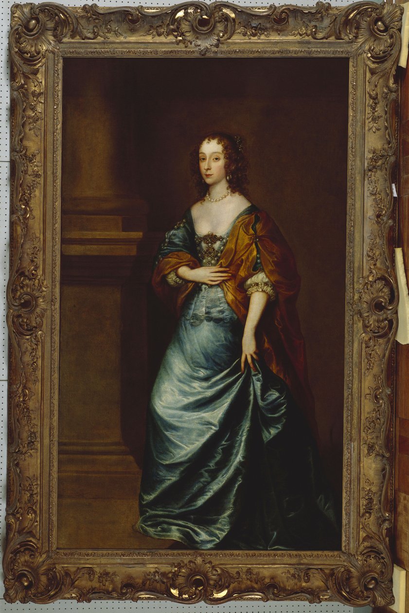 Muotokuva Mary Villiersistä, Lennoxin ja Richmondin herttuattaresta sinisessä mekossa ja ruskeassa kääreessä pylvään vieressä tekijältä Anthony van Dyck