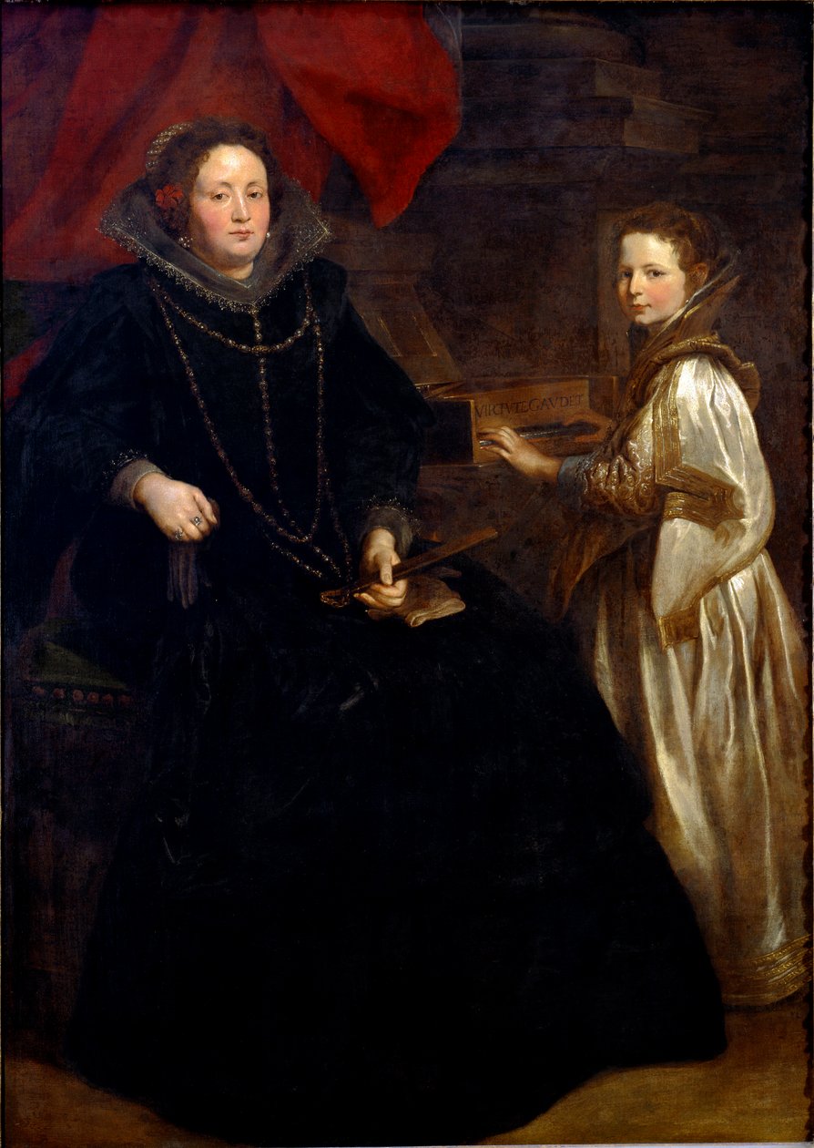 Porzia Imperialen muotokuva tyttärensä Maria Francescan kanssa cembalossa Antonie Van Dyckin (1599-1641) maalaus 1626 su. 184,5x134 cm Bryssel, Royal Museums of Fine Arts, inv. 6115 tekijältä Anthony van Dyck