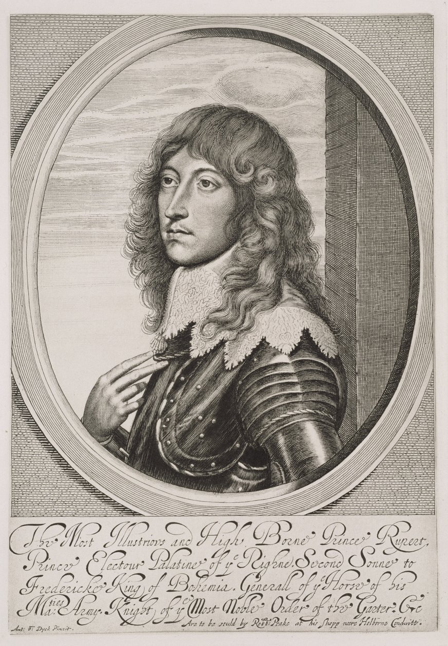 Prinssi Rupertin (1619-82), Reinin kreivin Palatinuksen ja Baijerin herttuan muotokuva, kaiverrus William Faithorne (1616-91) tekijältä Anthony van Dyck