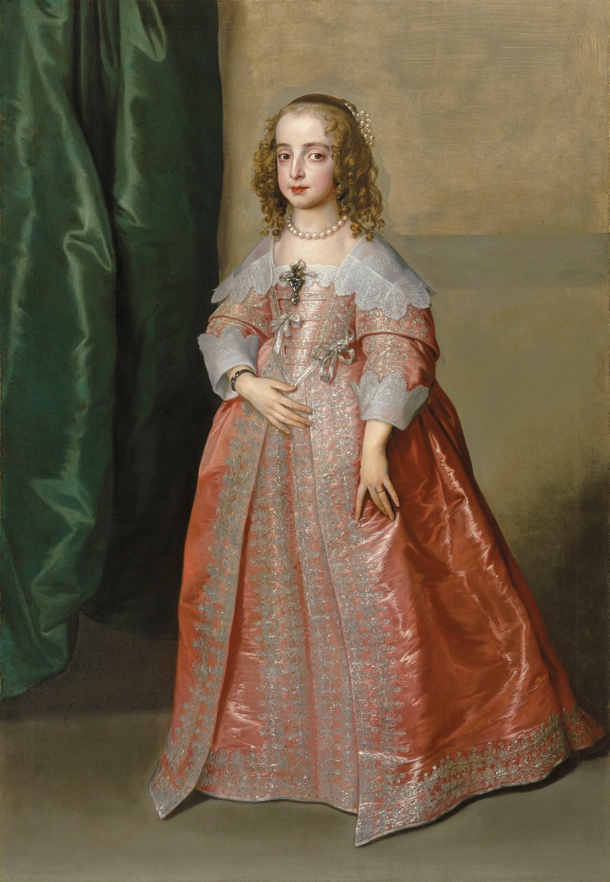 Muotokuva prinsessa Mariasta (1631-1660), Englannin kuningas Kaarle I:n tyttärestä, kokopituinen, vaaleanpunainen mekko, jota koristavat hopeakirjonta ja nauhat. tekijältä Anthony van Dyck