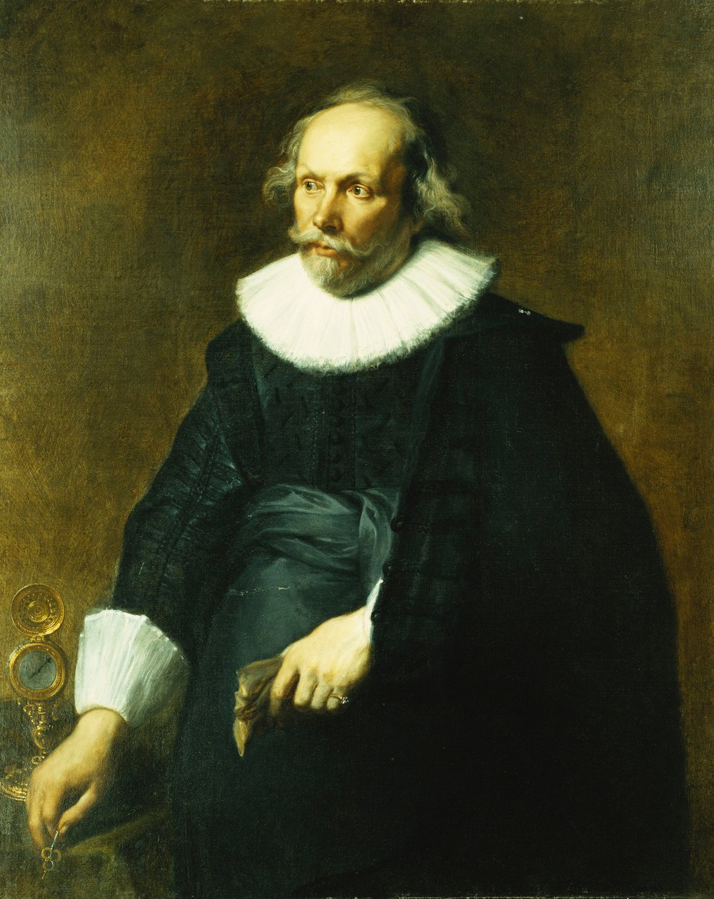Kolmen neljäsosan pituisen herrasmiehen muotokuva, jolla on musta puku, jossa valkoinen kaulus ja hihansuut, pöydän ja kellon ääressä, tekijältä Anthony van Dyck