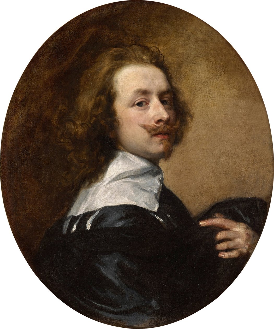 Omakuva, jossa on ylösalaisin käännetyt viikset ja kohotettu vasen käsi tekijältä Anthony van Dyck