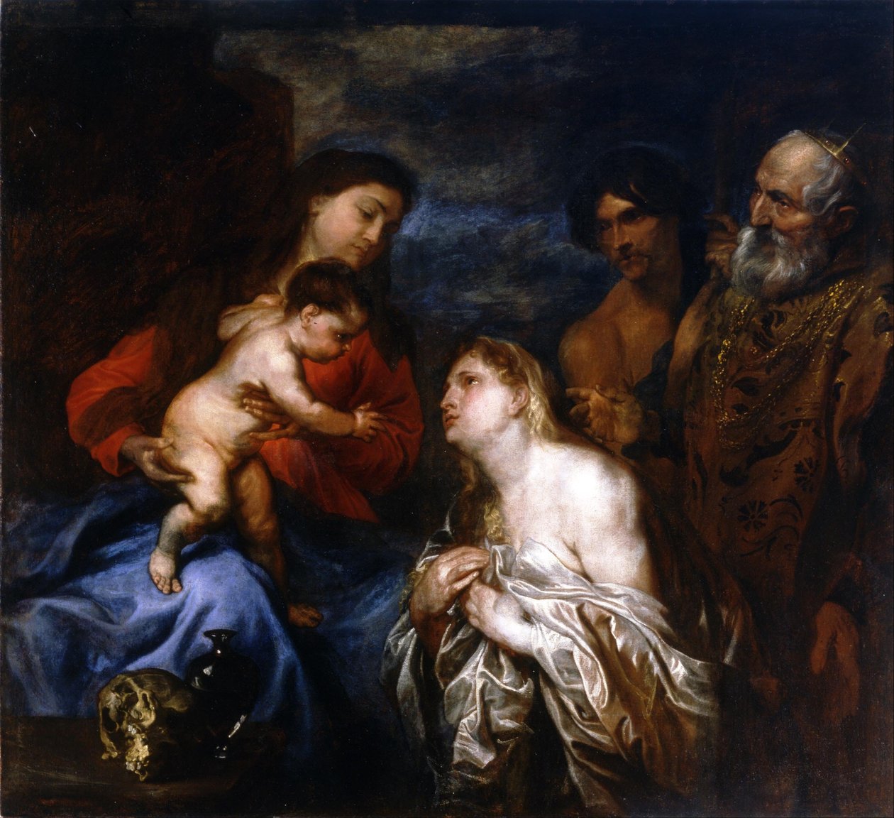 Espanjaksi:  La Virgen y el Niño con los pecadores arrepentidos Neitsyt ja lapsi kolmen katuvan syntisen, Maria Magdaleenan, kuningas Daavidin ja Tuhlaajapojan kanssa. tekijältä Anthony van Dyck