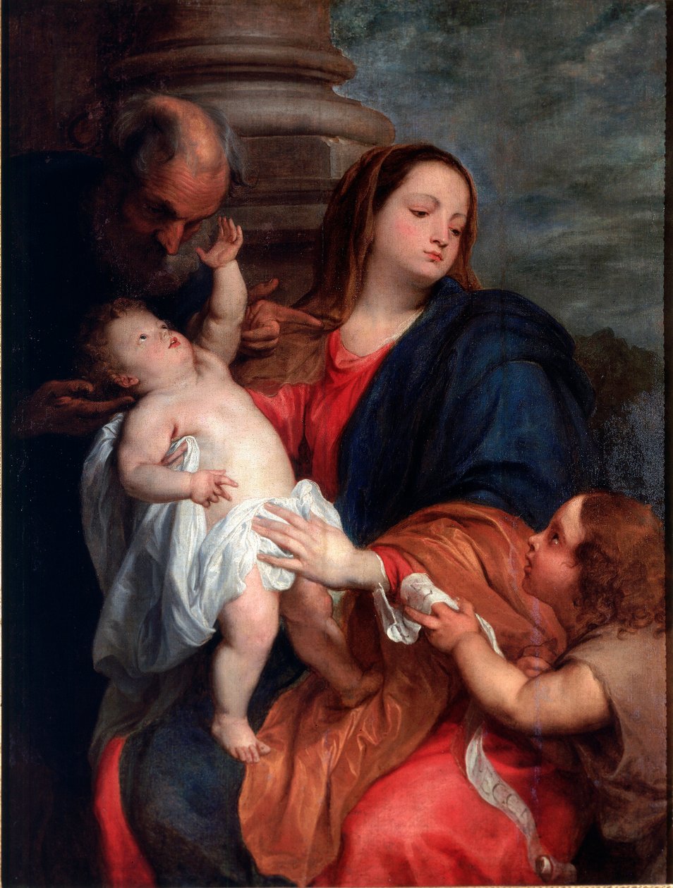 Antonie Van Dyckin (1599-1641) Pyhä perhe maalaus 1621-1625 noin. Aurinko. 123x94 cm Genes, kokoelma Banca Carige tekijältä Anthony van Dyck