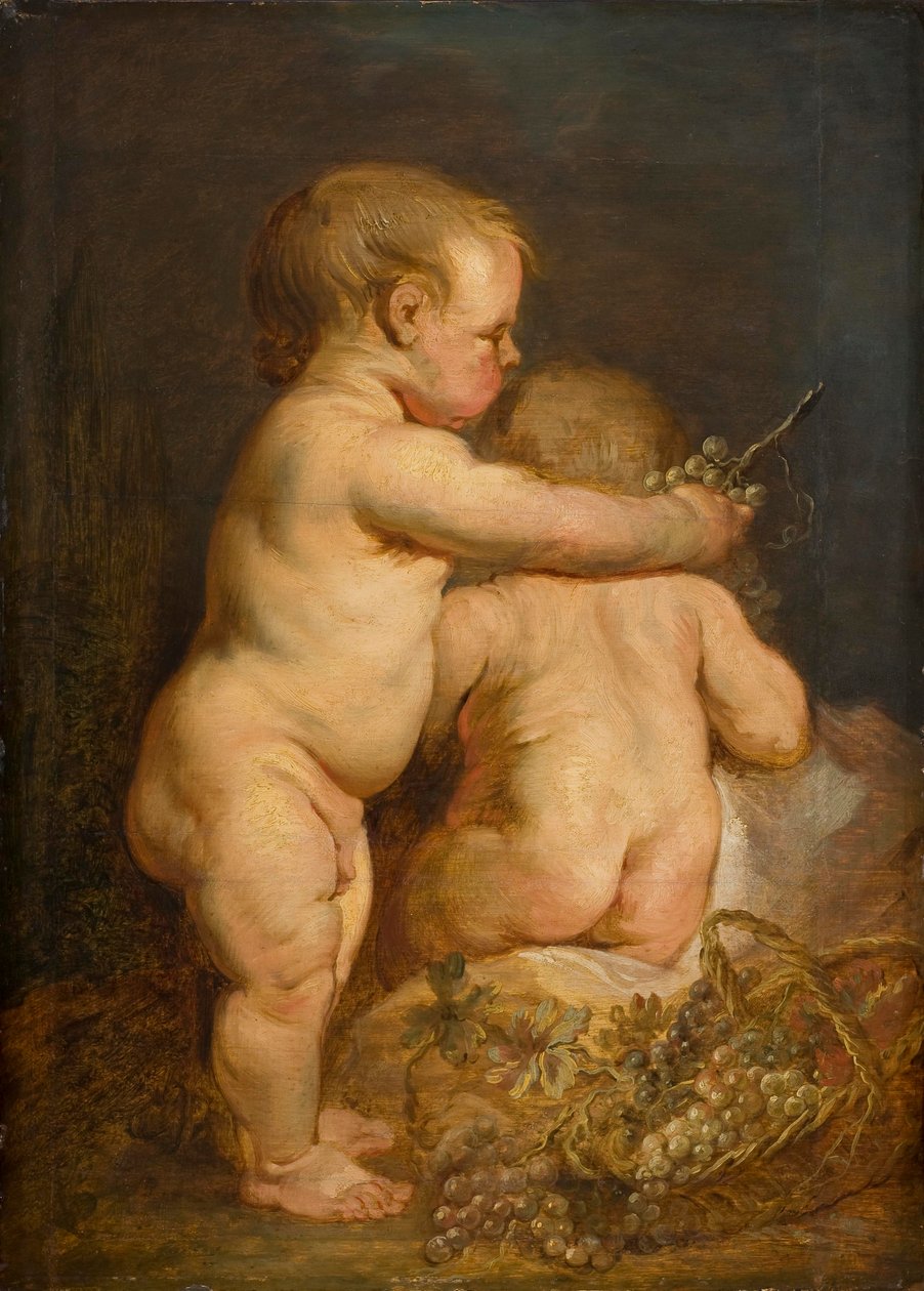 Kaksi alastonta lasta viinirypäleiden kanssa, n.1630-40 (öljy tammelle). tekijältä Anthony van Dyck