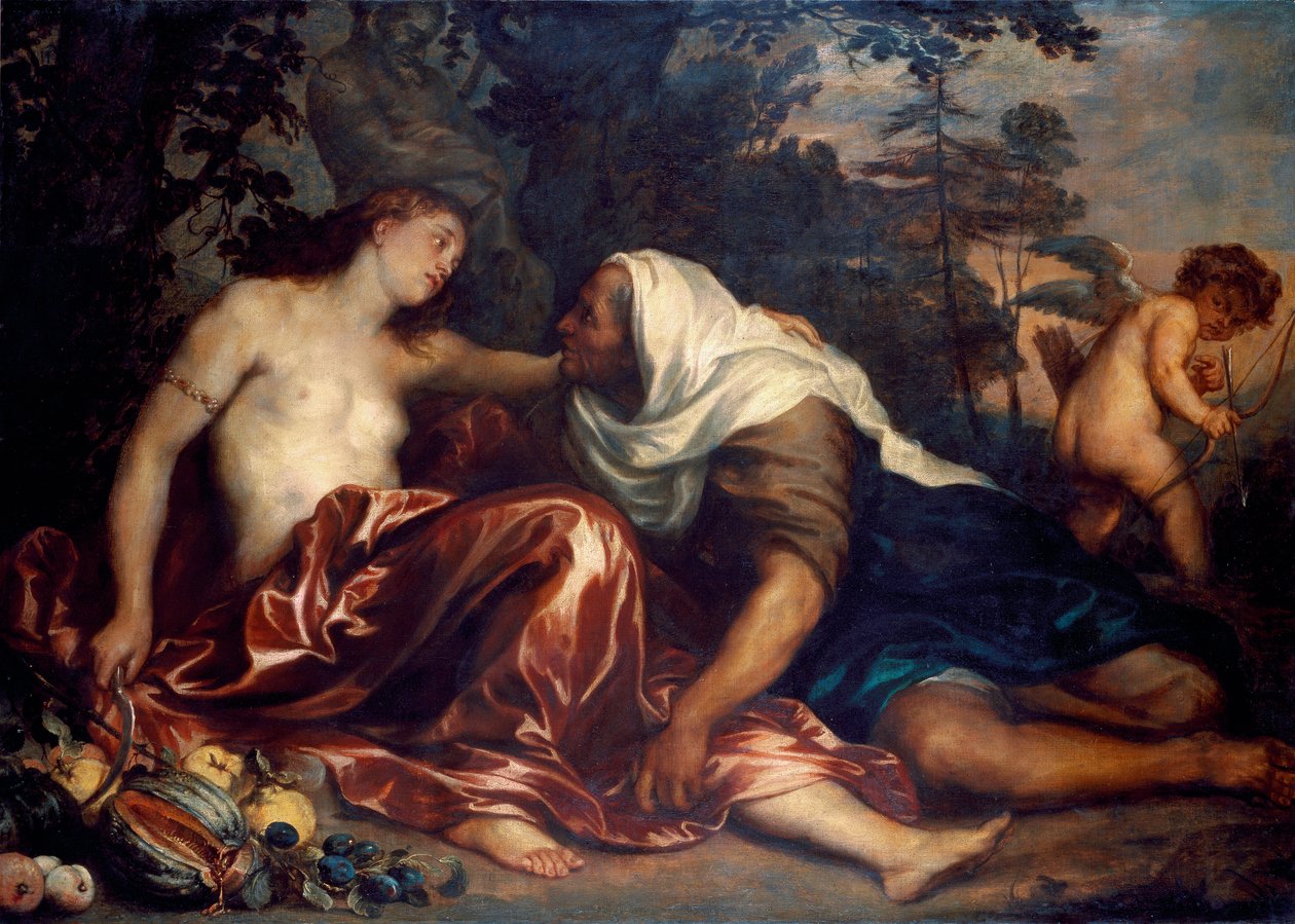 Vertumne ja Pomone (Jupiter ja Ceres): Nymfi Pomoneen rakastunut Vertumne naamioituu vanhaksi naiseksi lähestyäkseen häntä. Antonie Van Dyckin (1599-1641) maalaus 1623-1625 Sun. 141x197 cm Genes, Galleria di Palazzo Bianco tekijältä Anthony van Dyck