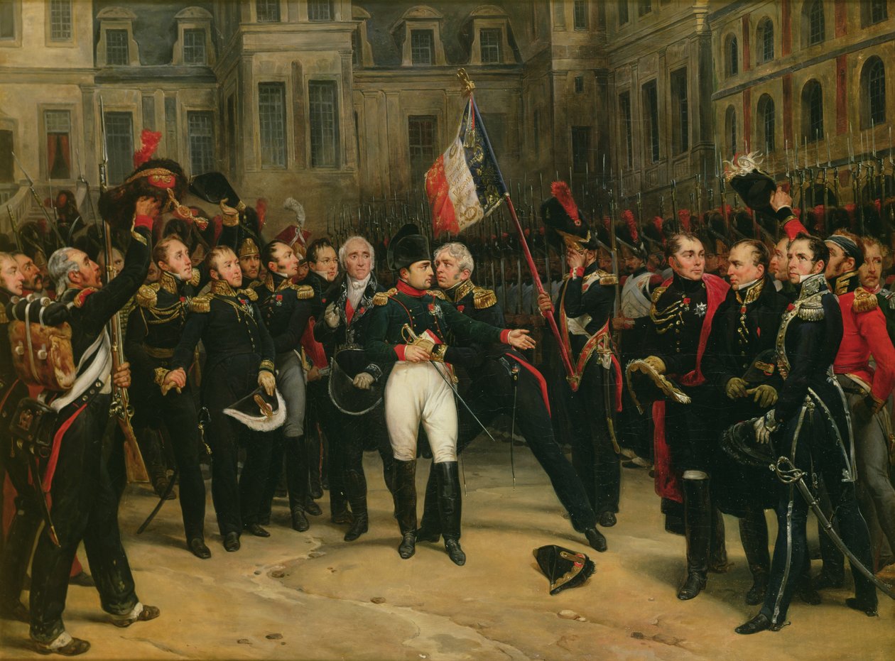 Napoleon I (1769-1821) jättää jäähyväiset keisarilliselle kaartille Cheval-Blancin sisäpihalla Château de Fontainebleaussa 20. huhtikuuta 1814 1825 tekijältä Antoine Alphonse Montfort