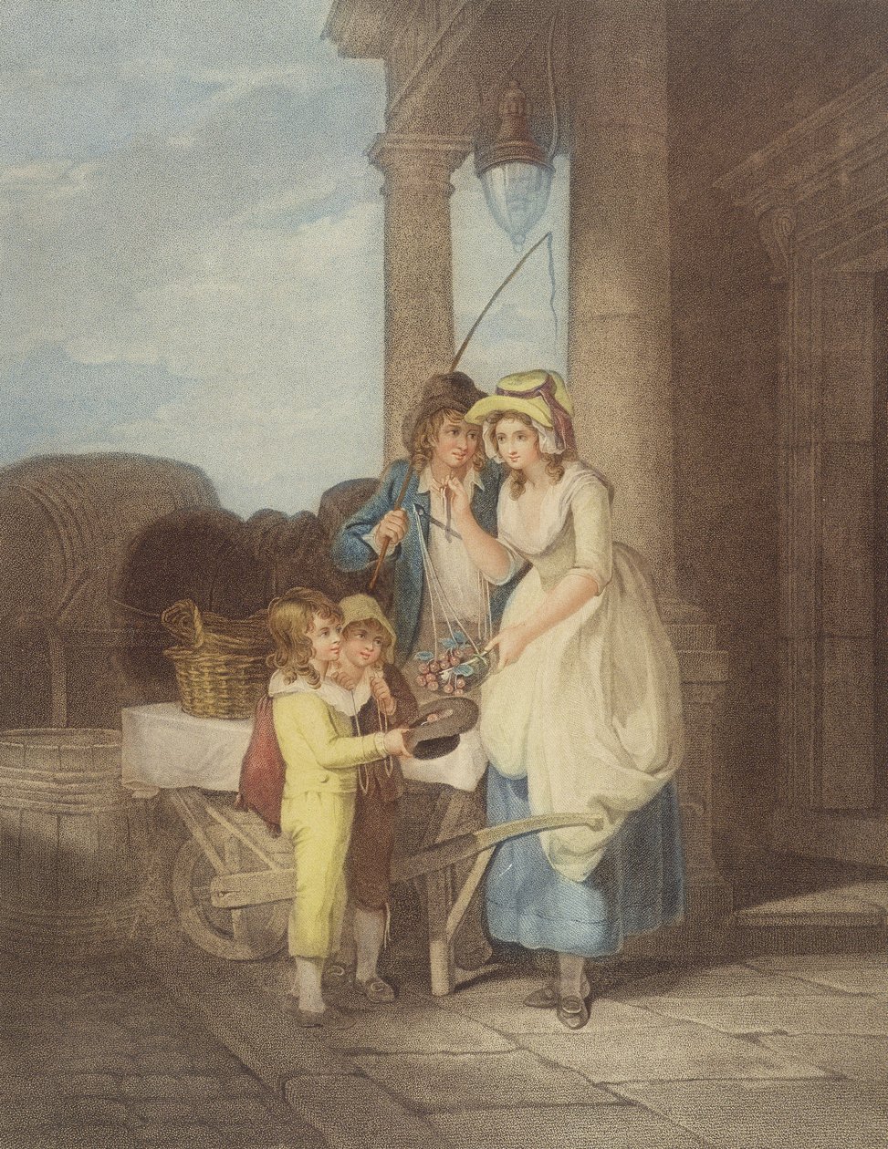 "Cries of London" s. 8: Pyöreä ja ääni viisi penniä puntaa Duke Cherriesin mukaan Francis Wheatley (1747-1801) 1795 tekijältä Antoine Cardon