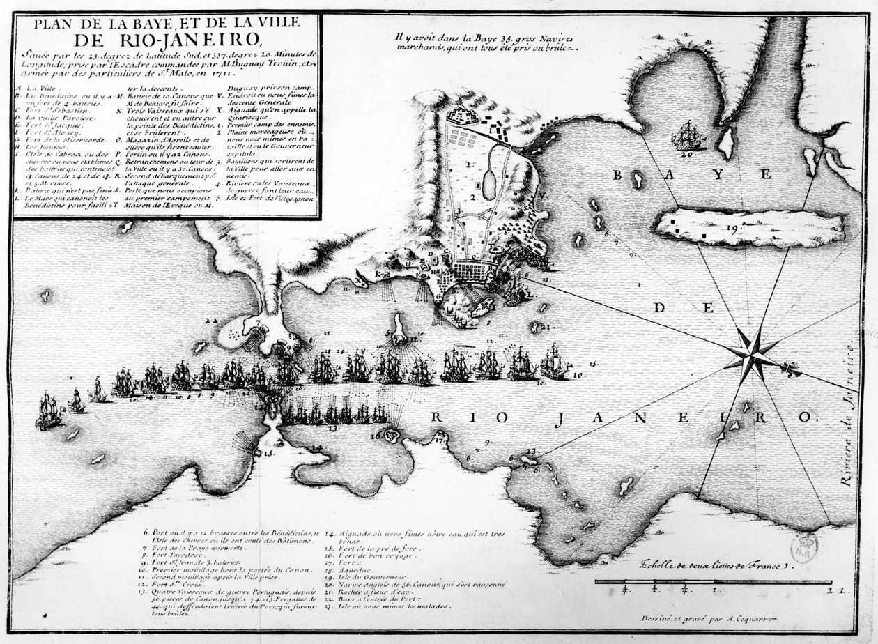 Rio de Janeiron lahden ja kaupungin suunnitelma sekä Ranskan ja Portugalin merivoimien sijoitus Ranskan Duguay-Trouinin hyökkäyksen aikana vuonna 1711, noin 1730 tekijältä Antoine Coquart