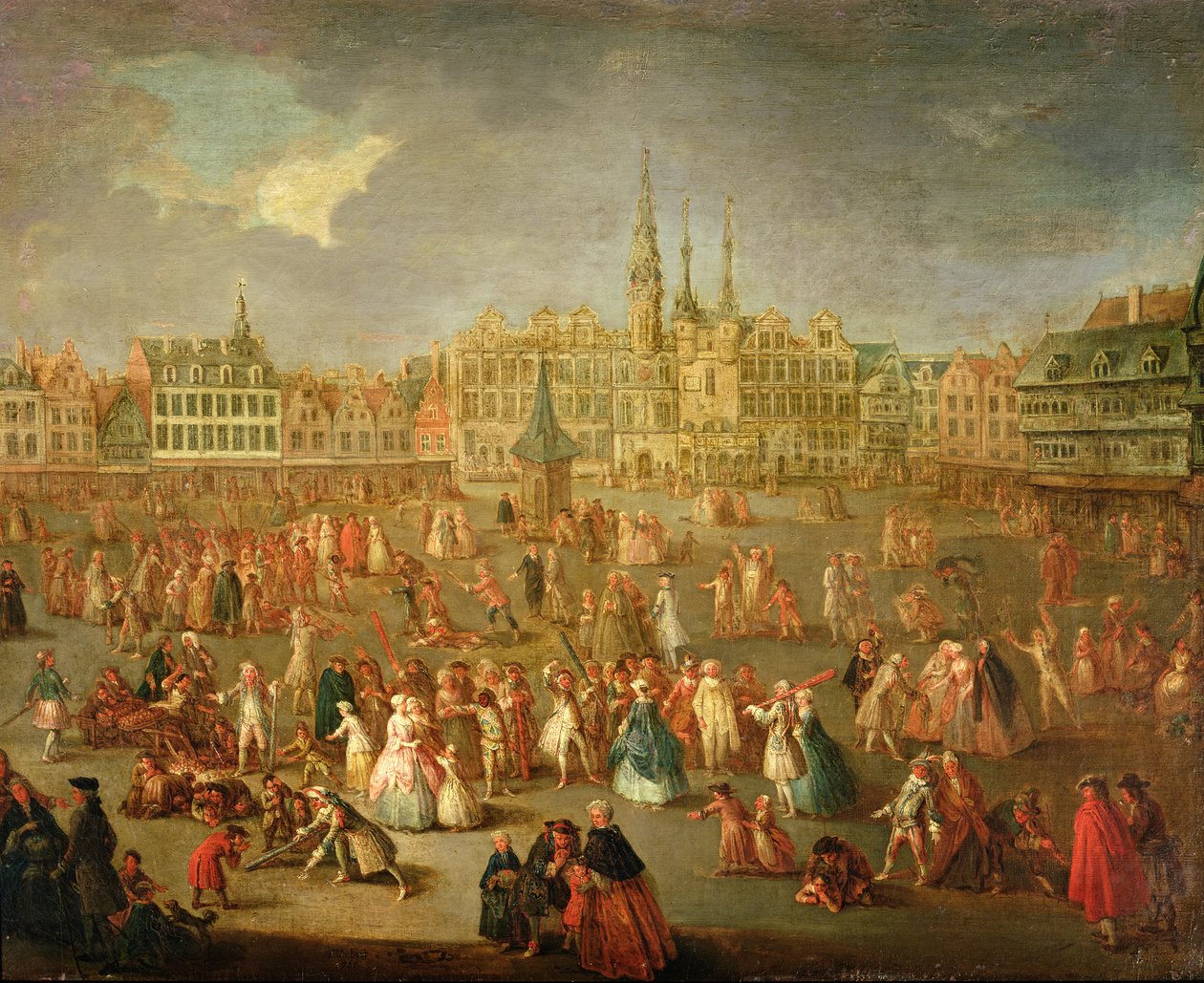 Grand Place Mardi Grasin aikana, Cambrai, 1765 tekijältä Francois Aubert