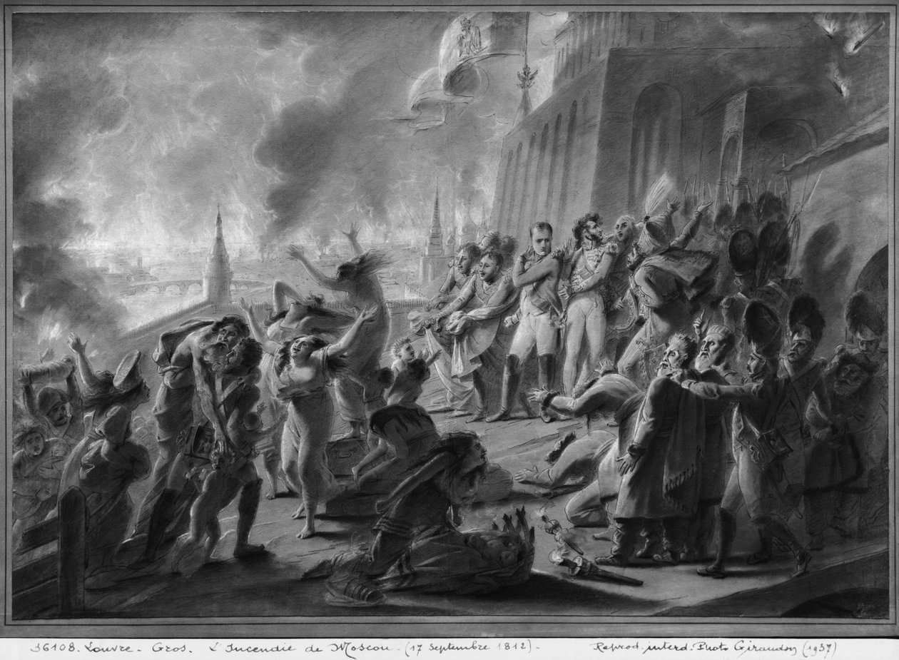 Moskovan tulipalo syyskuussa 1812 (kynä, ruskea muste ja harmaa pesu ja guassivärit paperilla) tekijältä Antoine Jean Gros