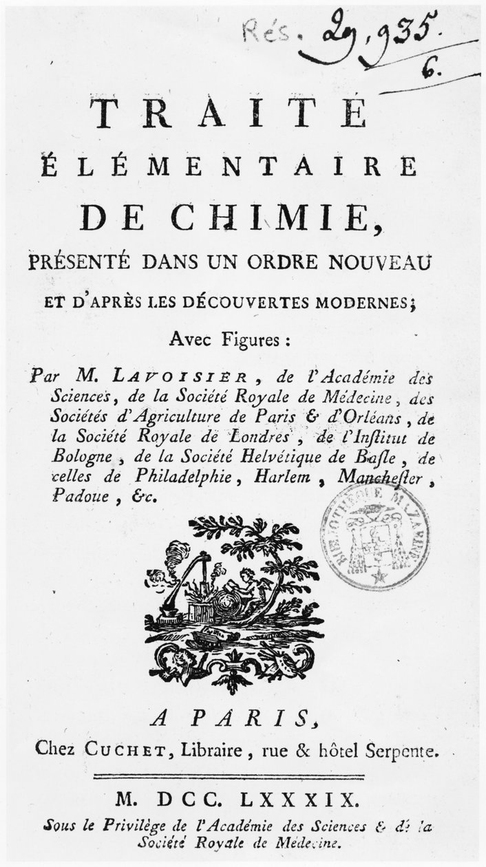 Pariisissa vuonna 1789 julkaistun Traite Elementaire de Chimien otsikkosivu tekijältä Antoine Laurent de Lavoisier
