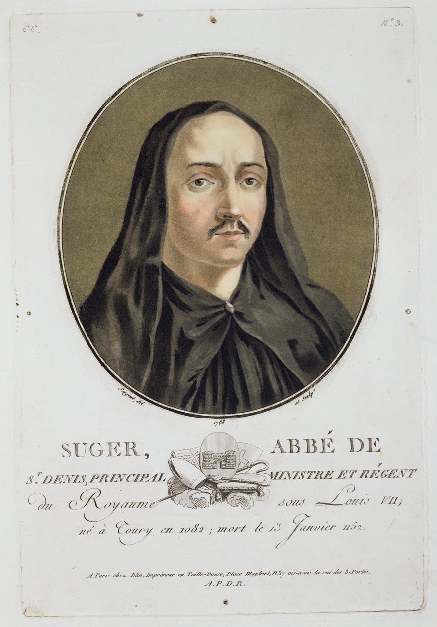 Abbe de Suger (1082-1151) teoksesta "Muotokuvia suurista miehistä, maineikkaista naisista ja ikimuistoisista Ranskan aiheista", julkaistu 1787-92 tekijältä Antoine Louis Francois Sergent Marceau