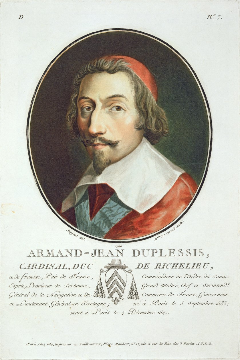 Armand Jean Duplessis, kardinaali, Duc de Richelieu (1585-1642) teoksesta "Muotokuvia suurista miehistä, maineikkaista naisista ja ikimuistoisista Ranskan kohteista", kaivertanut rouva de Cernel, julkaistu 1787-92 (väri) tekijältä Antoine Louis Francois Sergent Marceau