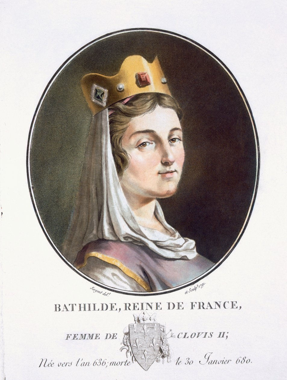 Bathilde teoksesta "Muotokuvia suurista miehistä, maineikkaista naisista ja ikimuistoisista Ranskan aiheista, kaiverrettu ja painettu väreillä", julkaisija Pierre Blin, 1786-92, Pariisi (värikaiverrus) tekijältä Antoine Louis Francois Sergent Marceau