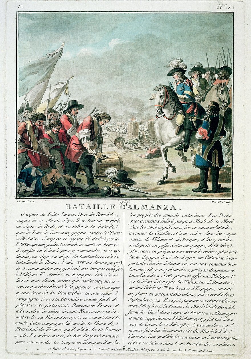 Almansan taistelu, 25. huhtikuuta 1707, kaiverrus Jean Baptiste Morret (fl.1790-1820), 1787 tekijältä Antoine Louis Francois Sergent Marceau