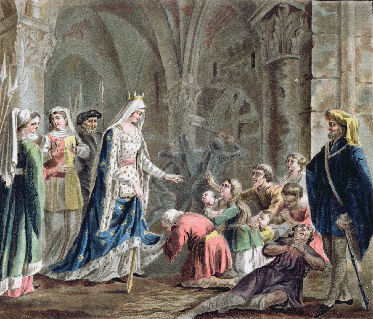 Blanche de Castille (1185-1252) hajottaa Pariisin kapitaalin vankilat, kaiverrus Jean Baptiste Morret (fl. 1790-1820) 1787 tekijältä Antoine Louis Francois Sergent Marceau