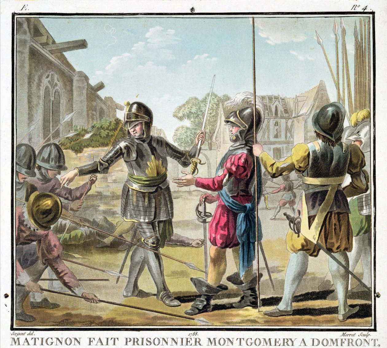 Jacques il Goyon, Matignonin lordi, ottaa Montgomeryn tuomiovankina, kaiverrus Jean Baptiste Morret (fl. 1790-1820), 1788 tekijältä Antoine Louis Francois Sergent Marceau
