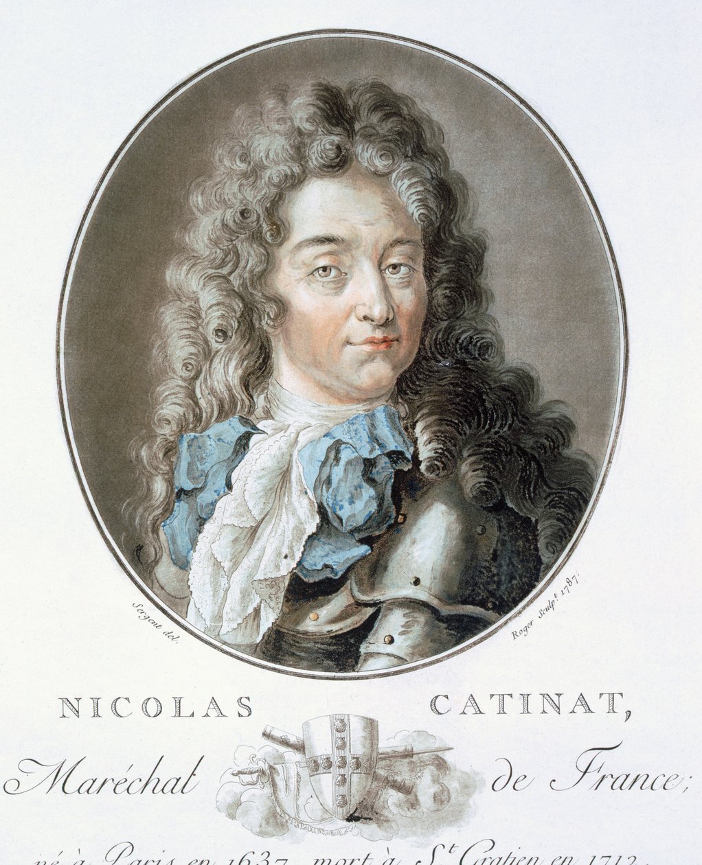 Nicolas Catinat teoksesta "Muotokuvia suurista miehistä, maineikkaista naisista ja ikimuistoisista Ranskan aiheista, kaiverrettu ja painettu väreillä", julkaisija Pierre Blin, 1786-92, Pariisi (värikaiverrus) tekijältä Antoine Louis Francois Sergent Marceau