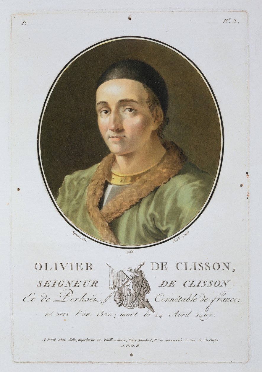 Olivier de Clisson (1336-1407) teoksesta "Portraits of great men, illustrious women, and memorable subjects of France" (Muotokuvat suurista miehistä, maineikkaista naisista ja Ranskan ikimuistoisista henkilöistä), kaiverrettu Riden toimesta, julkaistu 1787 tekijältä Antoine Louis Francois Sergent Marceau