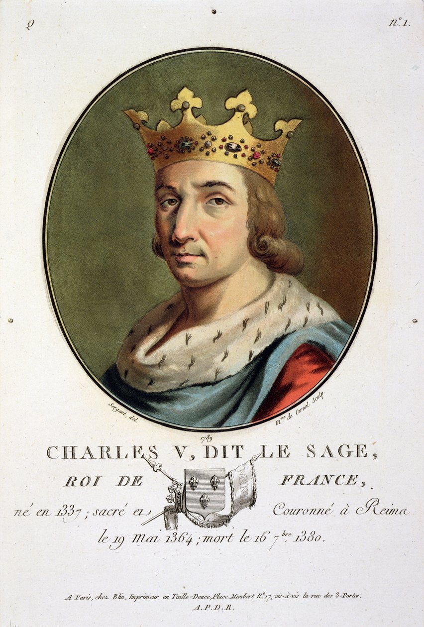 Madame de Cernelin kaiverruttama muotokuva Kaarle V:stä, "viisaaksi" kutsutusta Ranskan kuninkaasta (1337-80), 1789. tekijältä Antoine Louis Francois Sergent Marceau