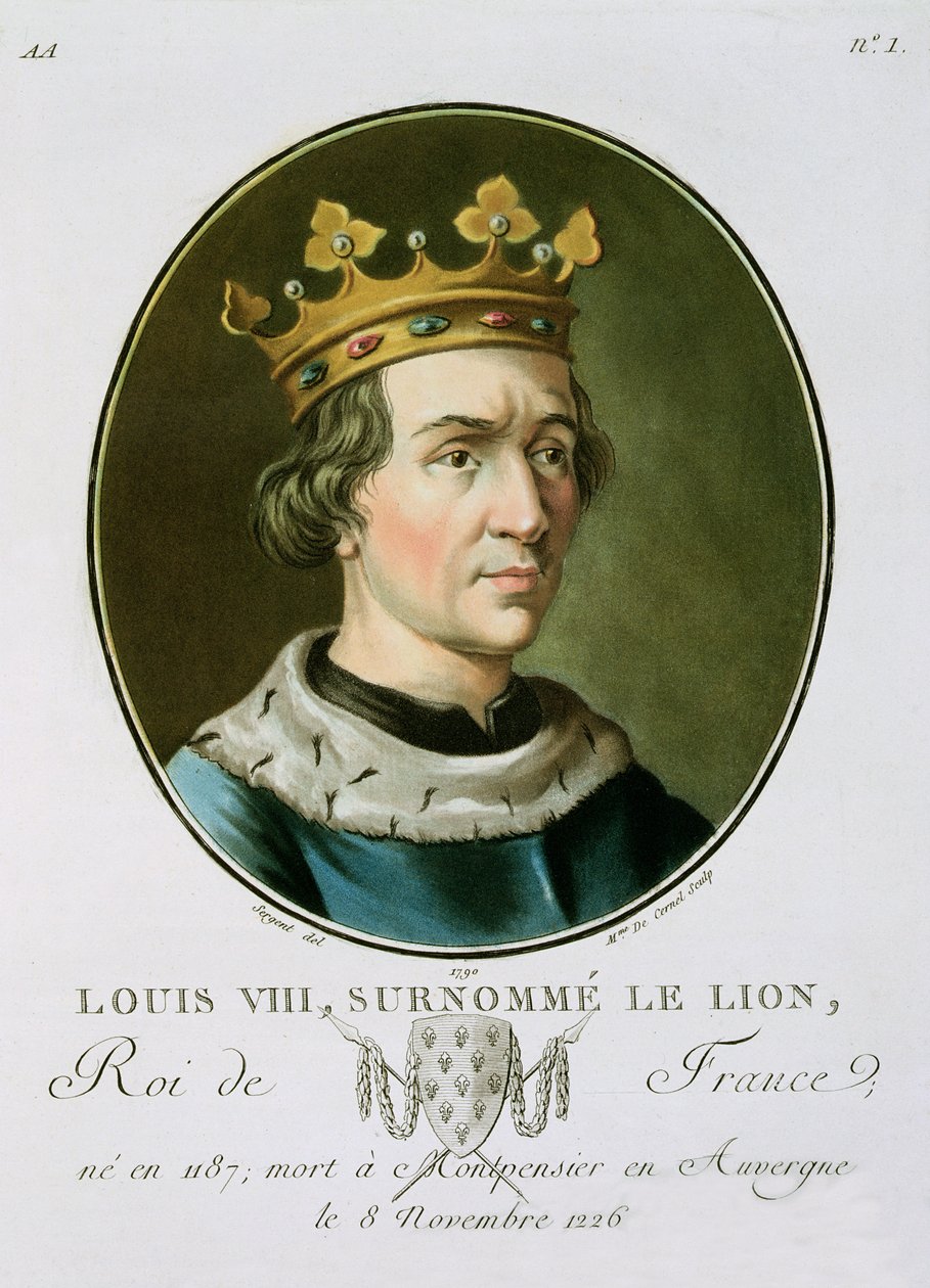 Ludvig VIII:n muotokuva, nimeltään "Le Lion", Ranskan kuningas (1187-1226), kaiverrus Madame de Cernel, 1790 tekijältä Antoine Louis Francois Sergent Marceau