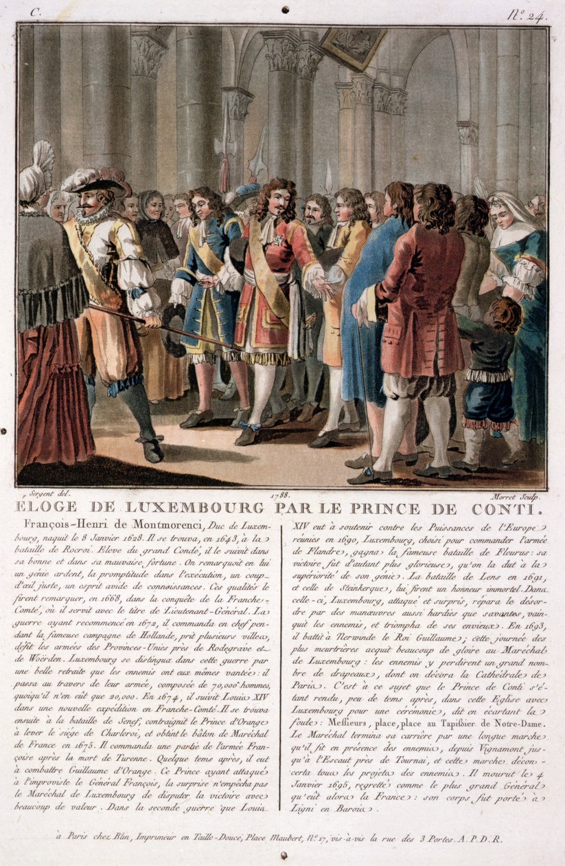 Prinssi de Conti (1664-1709) ylistää Luxemburgin herttua (1628-95) tämän voiton jälkeen Neerwindenin taistelussa (1693), kaiverrus Jean Baptiste Morret (fl.1790-1820), 1788 (värikaiverrus). tekijältä Antoine Louis Francois Sergent Marceau