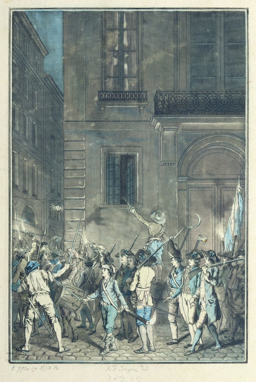 Väkijoukko vaelsi Pariisin kaduilla taskulamppuja kantaen yöllä heinäkuussa 1789 tekijältä Antoine Louis Francois Sergent Marceau