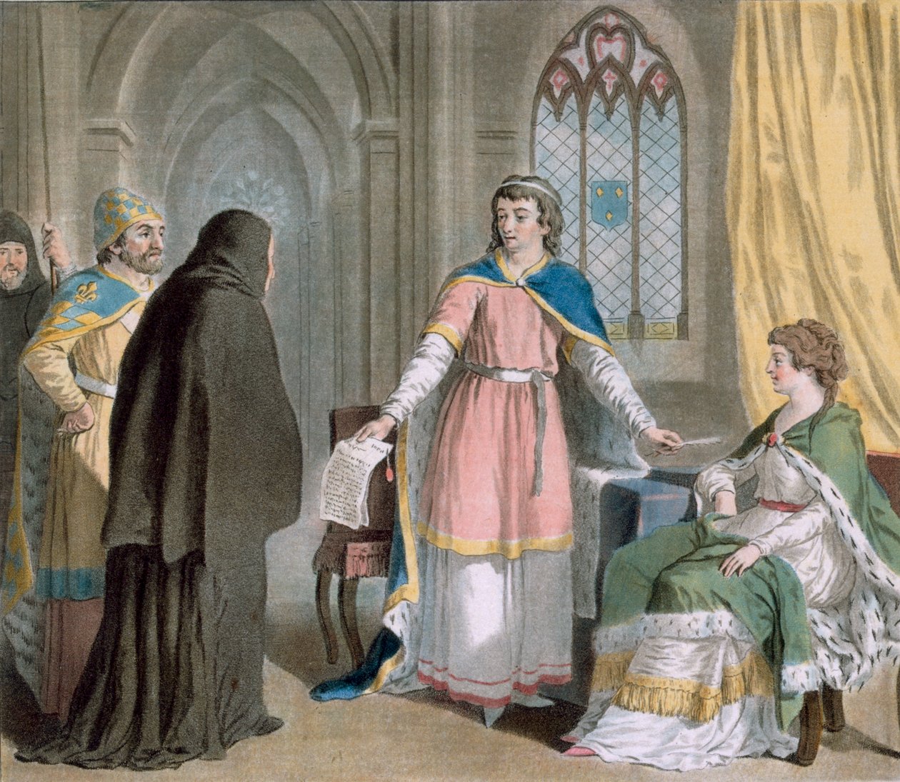 Abbot Suger on nimetty Ranskan valtionhoitajaksi, 1788 (värikaiverrus) tekijältä Antoine Louis Francois Sergent Marceau