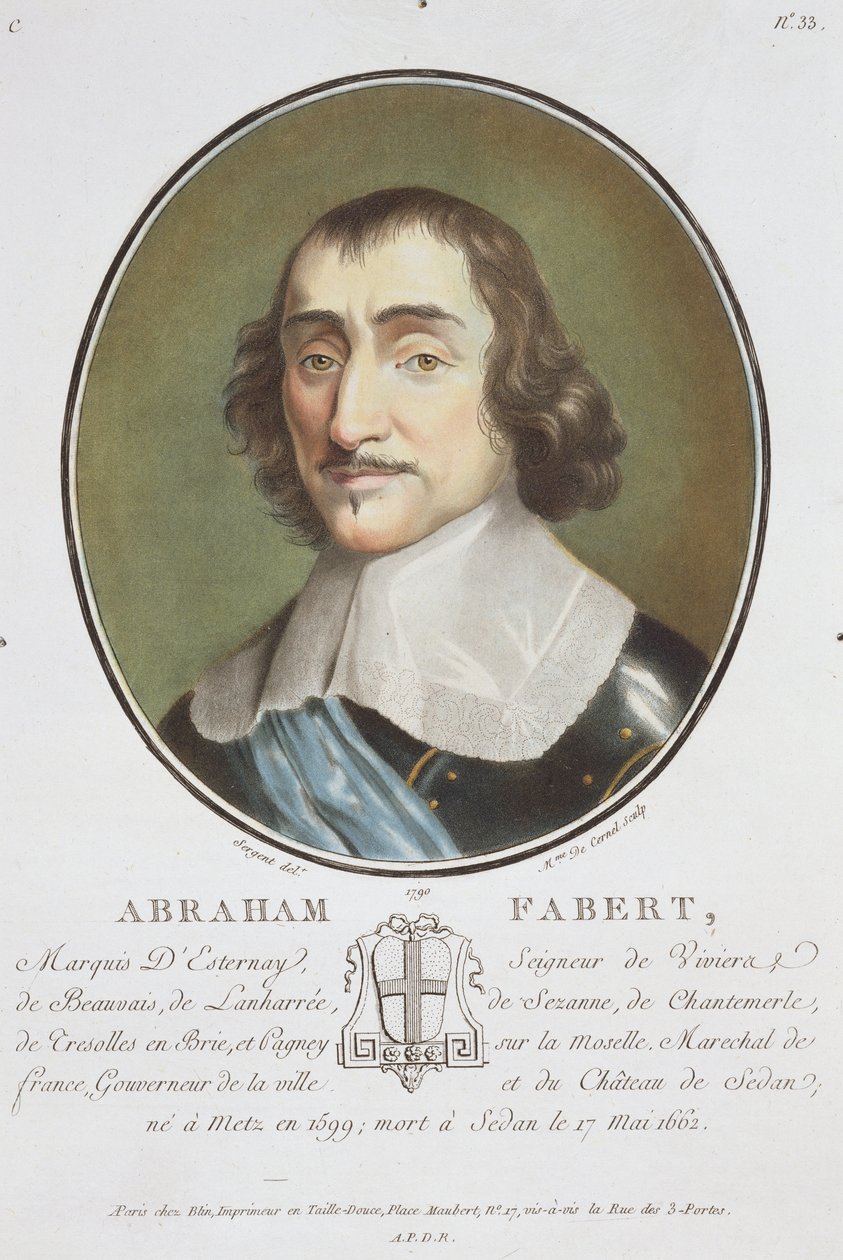 Abraham de Fabert (1599-1662) kirjasta "Muotokuvia suurista miehistä, maineikkaista naisista ja ikimuistoisista Ranskan aiheista", kaivertanut rouva de Cernel, julkaistu 1787-92 tekijältä Antoine Louis Francois Sergent Marceau