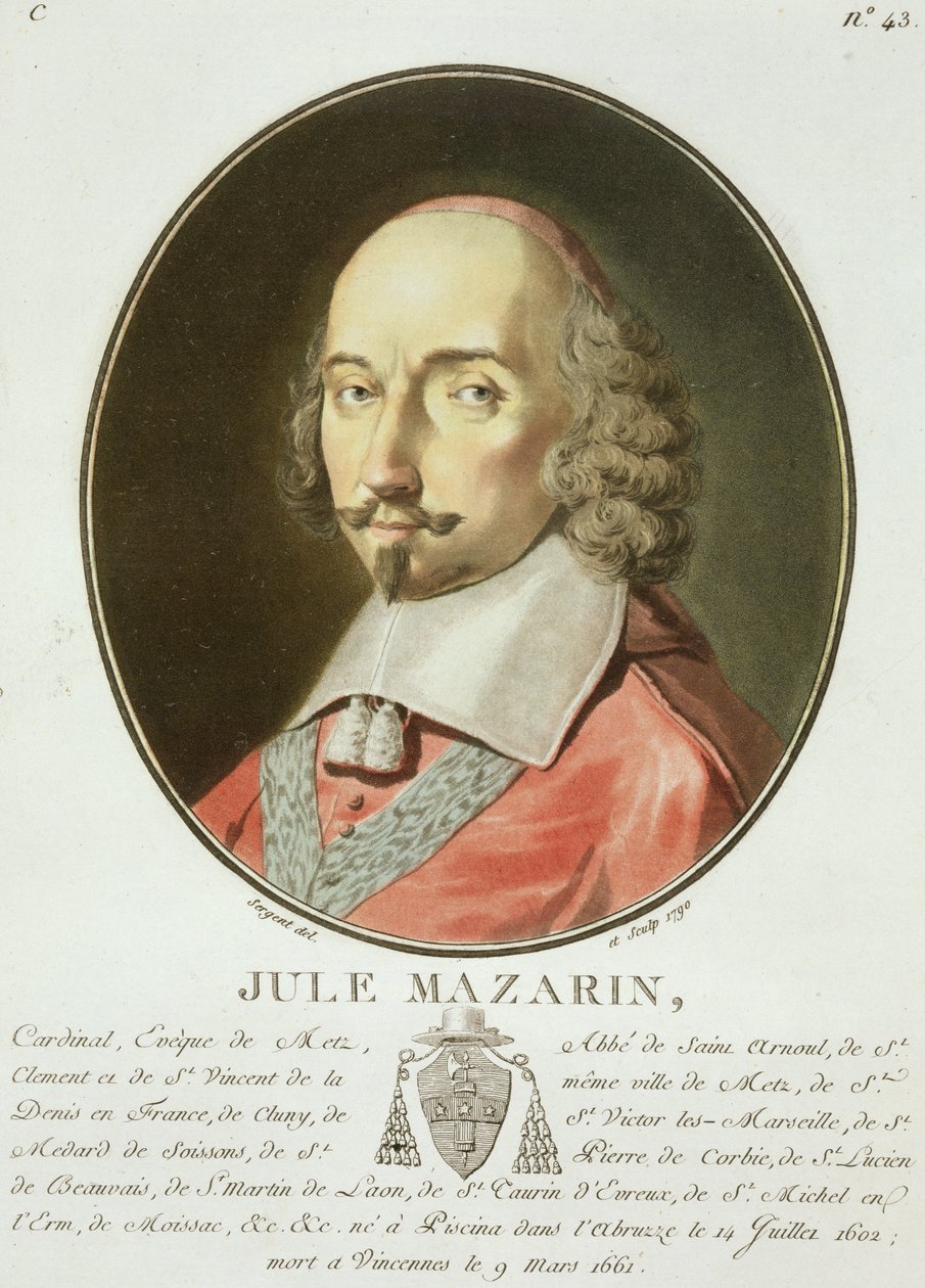 Kardinaali Jules Mazarin (1602-61) teoksesta "Muotokuvia suurista miehistä, maineikkaista naisista ja ikimuistoisista Ranskan kohteista", julkaistu 1787-92 tekijältä Antoine Louis Francois Sergent Marceau