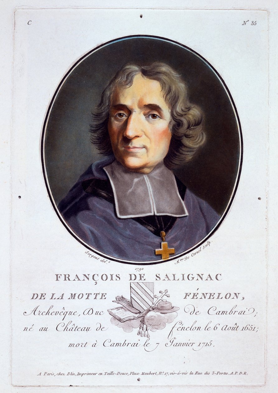 François Fénelon, teoksesta "Muotokuvia suurista miehistä, maineikkaista naisista ja ikimuistoisista Ranskan kohteista, kaiverrettu ja painettu väreillä", julkaisija Pierre Blin, 1786-92, Paris (värikaiverrus) tekijältä Antoine Louis Francois Sergent Marceau